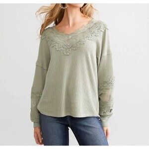 Daytrip Womens Crochet Applique Waffle Knit Top boho green size M